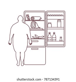 Fat man stands at the fridge full of food. Harmful eating habits. Design for banner and print.