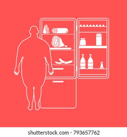 Fat man stands at the fridge full of food. Harmful eating habits. Design for banner and print.
