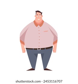 Fat man stands isolated on white background. Overweight man in cartoon style. Vector stock