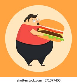 Fat man in state of hypnosis eat burger. Weak willpower