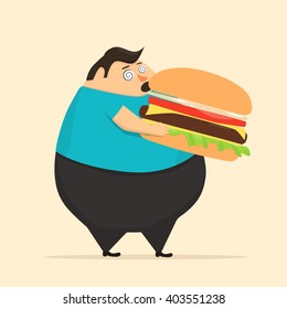Fat man in state of hypnosis eat burger