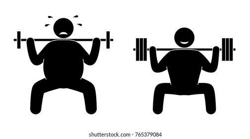 Fat man and strong sportsman fitness training. Gym cardio strength exercise. Body building. Healthy training. Vector illustration