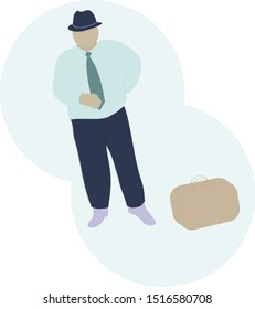 Fat man in a suit and hat. A man with a suitcase. Simple flat vector illustration.
