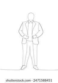 A fat man in a suit one line art. Continuous line drawing of body positive, overweight, plus size model, XL, health, fashion, self acceptance.