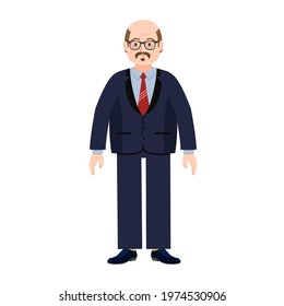 A fat man in a suit. A solid man. Overweight. Vector illustration of a person for animation. Editable strokes. Editable movements. A bald old man.