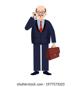 A fat man in a suit is talking on a cell phone. Vector image of a person talking on a mobile phone for animation. Editable strokes. All parts on separate layers with names
