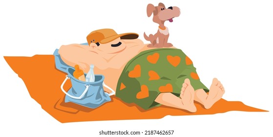 Fat Man Is Sunbathing On Beach. Funny People. Illustration Concept Template For Website, Web Landing Page, Banner, Presentation, Social, Poster, Promotion Or Print Media.