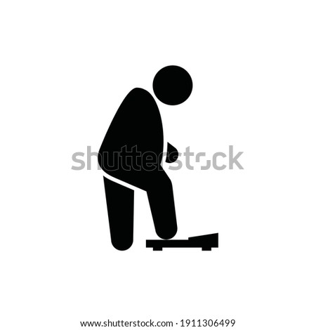 Fat man takes stand on bathroom scales, weigh, weight loss and diet concept icon