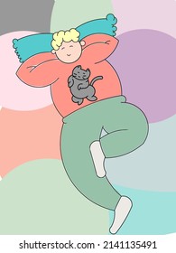 A fat man taking a nap with his gray cat pet