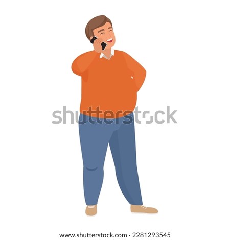 Fat man talking on phone. Obese man laughing, plus size boy vector cartoon illustration