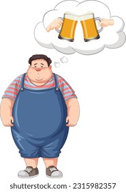 Fat man thinking about drinking beer illustration