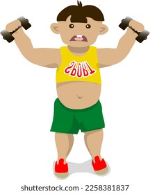 Fat man is training with dumbbells. The boy is upset. It's hard for him.