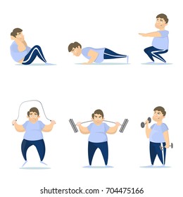Fat man training set on white background. Jumping, squats and push ups.