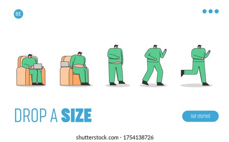 Fat man transformation. Weight loss landing page design for website interface. Lazy cartoon male running to slim shape loosing mass. Health and fitness concept. Vector illustration