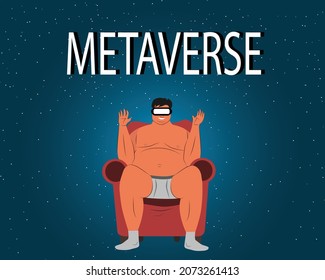 Fat man travels in a virtual metaverse at home. travel the universe in metaverse. Blue background.vector.