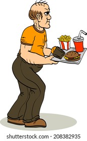Fat man with a tray of fast food. Poor nutrition.