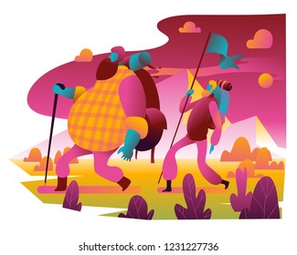 Hombre gordo caminando hacia la montaña. ilustración vectorial