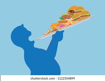 Fat man try to devour all junk food in one time with lifting a tray. Illustration about overeating.