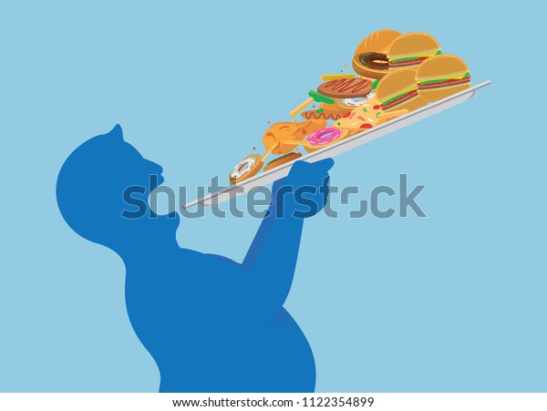 Fat man try to devour all\
junk food in one time with lifting a tray. Illustration about\
overeating.
