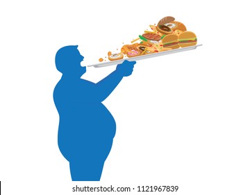 Fat man try to devour a lot of junk food in one time with lifting a tray. Illustration about overeating.