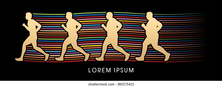 Fat man turning into Thin designed using gold colorful on line rainbows background graphic vector.
