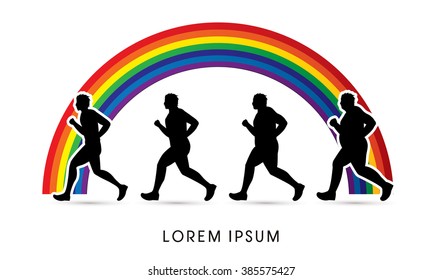 Fat man turning into Thin designed on line rainbows background graphic vector.