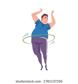 Fat Man Twirling Hula Hoop Around Her Waist, Weight Loss Process, Young Overweight Man Getting Fit Cartoon Vector Illustration on White Background