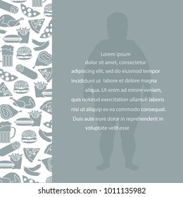 Fat man with unhealthy lifestyle symbols. Harmful eating habits. Design for banner and print.