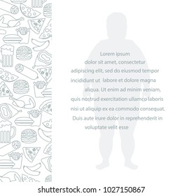 Fat man with unhealthy lifestyle symbols. Harmful eating habits. Design for banner and print.