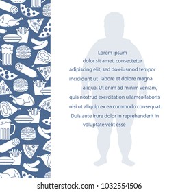 Fat man with unhealthy lifestyle symbols. Harmful eating habits. Design for banner and print.