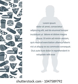 Fat man with unhealthy lifestyle symbols. Harmful eating habits. Design for banner and print.