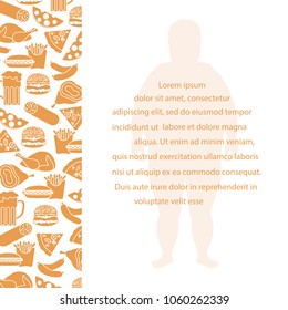 Fat man with unhealthy lifestyle symbols. Harmful eating habits. Design for banner and print.