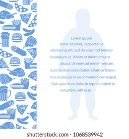 Fat man with unhealthy lifestyle symbols. Harmful eating habits. Design for banner and print.