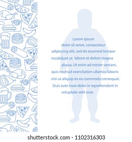 Fat man with unhealthy lifestyle symbols. Harmful eating habits. Design for banner and print.