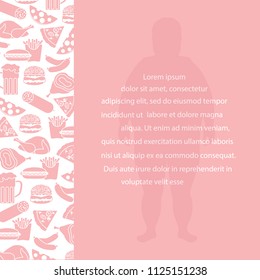 Fat man with unhealthy lifestyle symbols. Harmful eating habits. Design for banner and print.