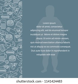 Fat man with unhealthy lifestyle symbols. Harmful eating habits. Design for banner and print.