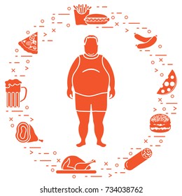 Fat man with unhealthy lifestyle symbols around him. Harmful eating habits. Design for banner and print.