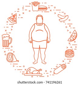 Fat man with unhealthy lifestyle symbols around him. Harmful eating habits. Design for banner and print.