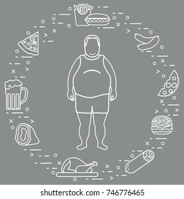 Fat man with unhealthy lifestyle symbols around him. Harmful eating habits. Design for banner and print.