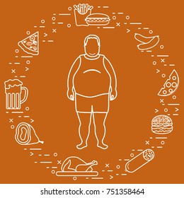 Fat man with unhealthy lifestyle symbols around him. Harmful eating habits. Design for banner and print.