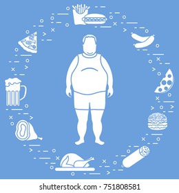 Fat man with unhealthy lifestyle symbols around him. Harmful eating habits. Design for banner and print.