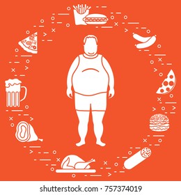 Fat man with unhealthy lifestyle symbols around him. Harmful eating habits. Design for banner and print.