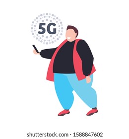 fat man using smartphone 5G online communication fifth innovative generation of internet connection concept overweight guy holding cellphone full length vector illustration