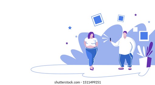 fat man using smartphone taking photo of obese overweight woman model shoot concept sketch horizontal full length