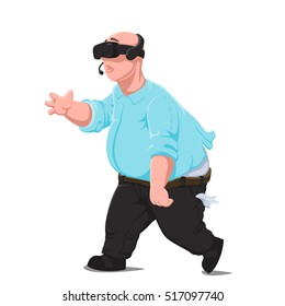 Fat man in virtual reality headset. Gaming Cyber technologies. VR technology. Virtual reality concept.