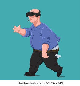 Fat man in virtual reality headset. Gaming Cyber technologies. VR technology. Virtual reality concept.