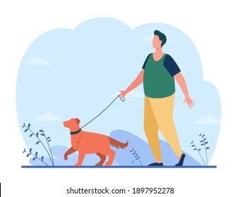 Fat man walking with dog on street. Leash, puppy, retriever flat vector illustration. Domestic animals and pets concept for banner, website design or landing web page