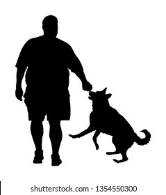 Fat man walking with dog vector silhouette. Health care outdoor activity. Overweight person trouble. German Shepherd running and playing with owner.Big boy think about food calorie. Difficult moving.