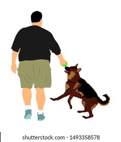 Fat Man Walking With Dog Vector. Health Care Outdoor Activity. Overweight Person Trouble. German Shepherd Running And Playing With Owner. Big Boy Think About Food Calorie. Difficult Moving, Sweating.