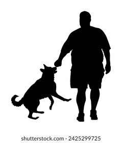 Fat man walking with dog vector silhouette illustration. Health care outdoor activity. Overweight person trouble. German Shepherd running playing with owner. Big boy think food. Difficult moving.